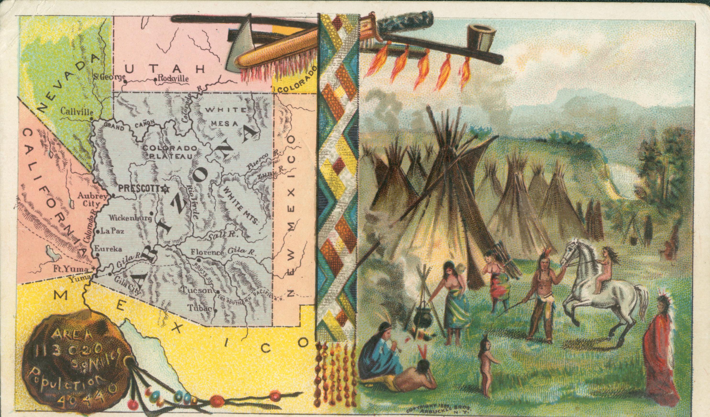 The left side of this trade card shows a map of Arizona and the surrounding states, while the right shows a group of Native Americans standing amongst several tepees.